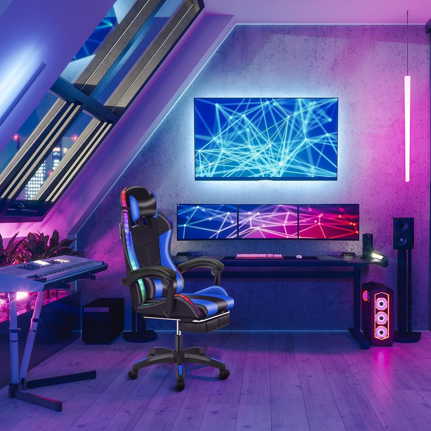 Gaming Chair, Office Chair with Foot Rest, Pocket Spring Cushion, Speakers Ergonomic Chair Massage Chair Multiple Led Light Gaming Chairs for Adults 350lbs Black Blue