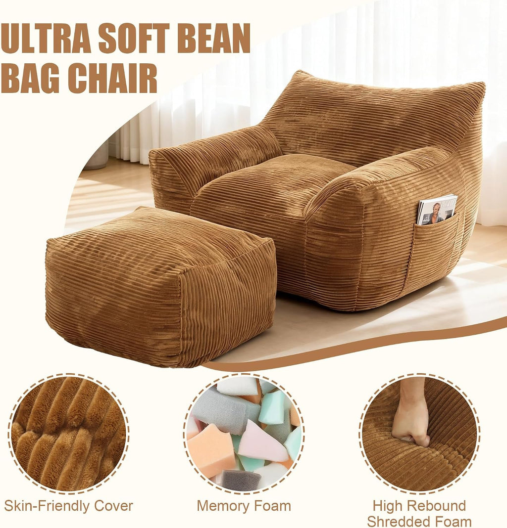 Giant Bean Bag Chair with Ottoman, Comfy Bean Bag Couch with 2 Side Pocket, Corduroy Boneless Couch Chair in a Box, Stuffed Lounge Floor Sofa for Dorm, Bedroom, Living Room, Brown