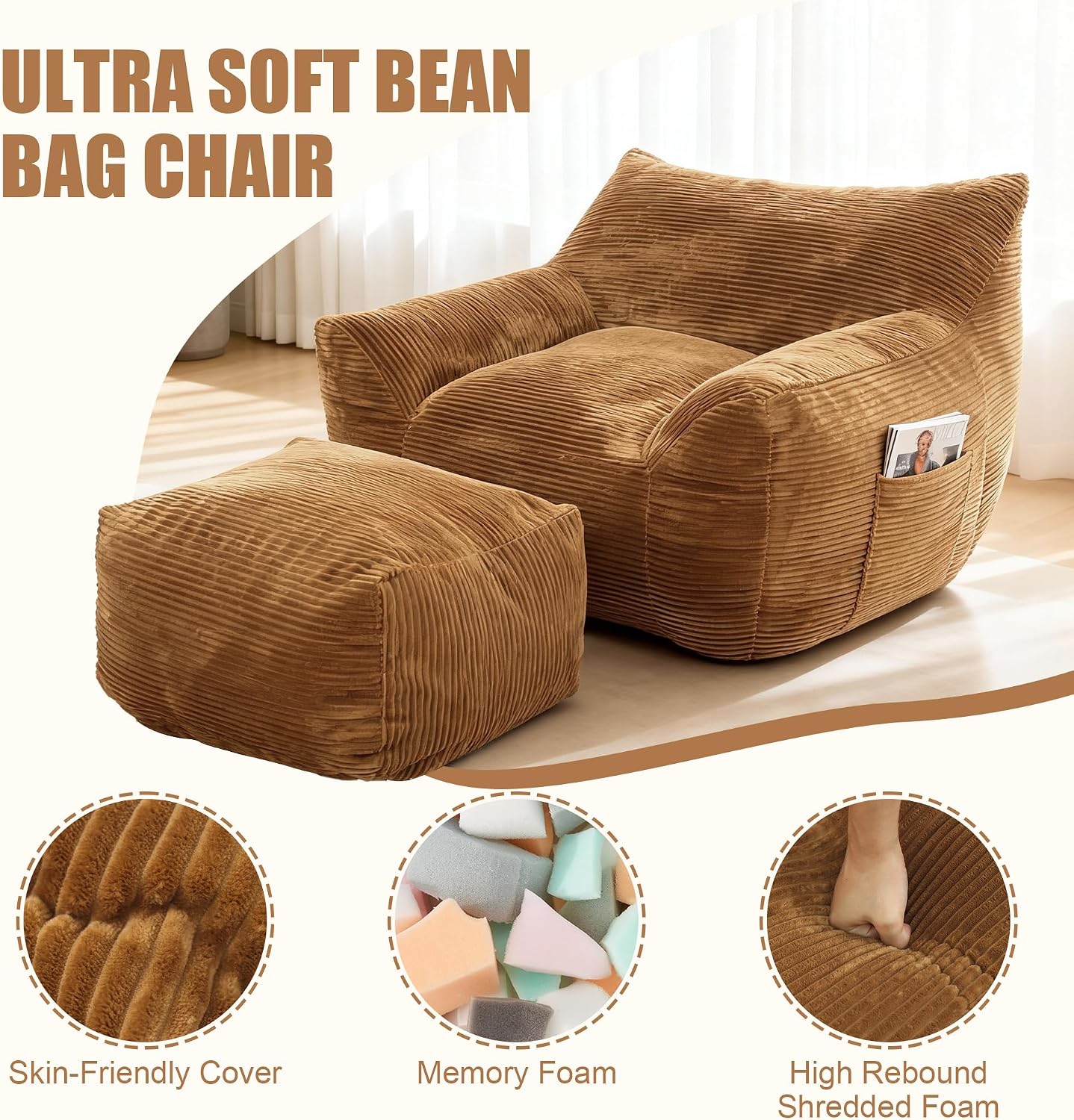 Giant Bean Bag Chair with Ottoman, Comfy Bean Bag Couch with 2 Side Pocket, Corduroy Boneless Couch Chair in a Box, Stuffed Lounge Floor Sofa for Dorm, Bedroom, Living Room, Brown