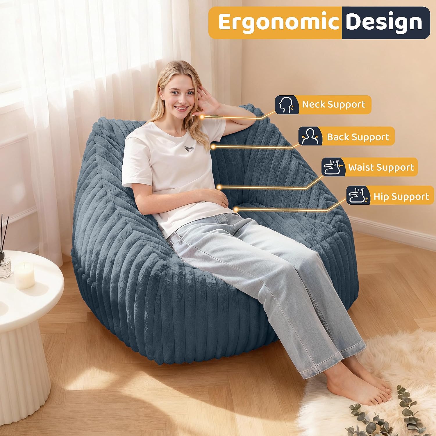 HABUTWAY Bean Bag Chair, Giant Bean Bag Chairs for Adults and Kids, Bean Bag Sofa, Lazy Floor Sofa, Faux Fur Beanbag Chair with Armrests for Living Room Bedroom (Dark Grey)