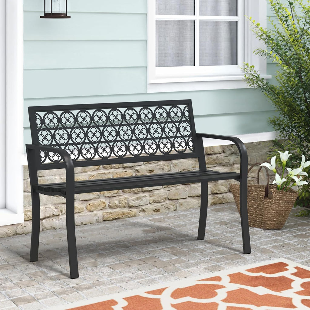 50' Outdoor Bench, Metal Weatherproof Garden Bench Cast Iron Heavy-Duty Patio Bench with Decorative Backrest for Proch Park 880lb Capacity