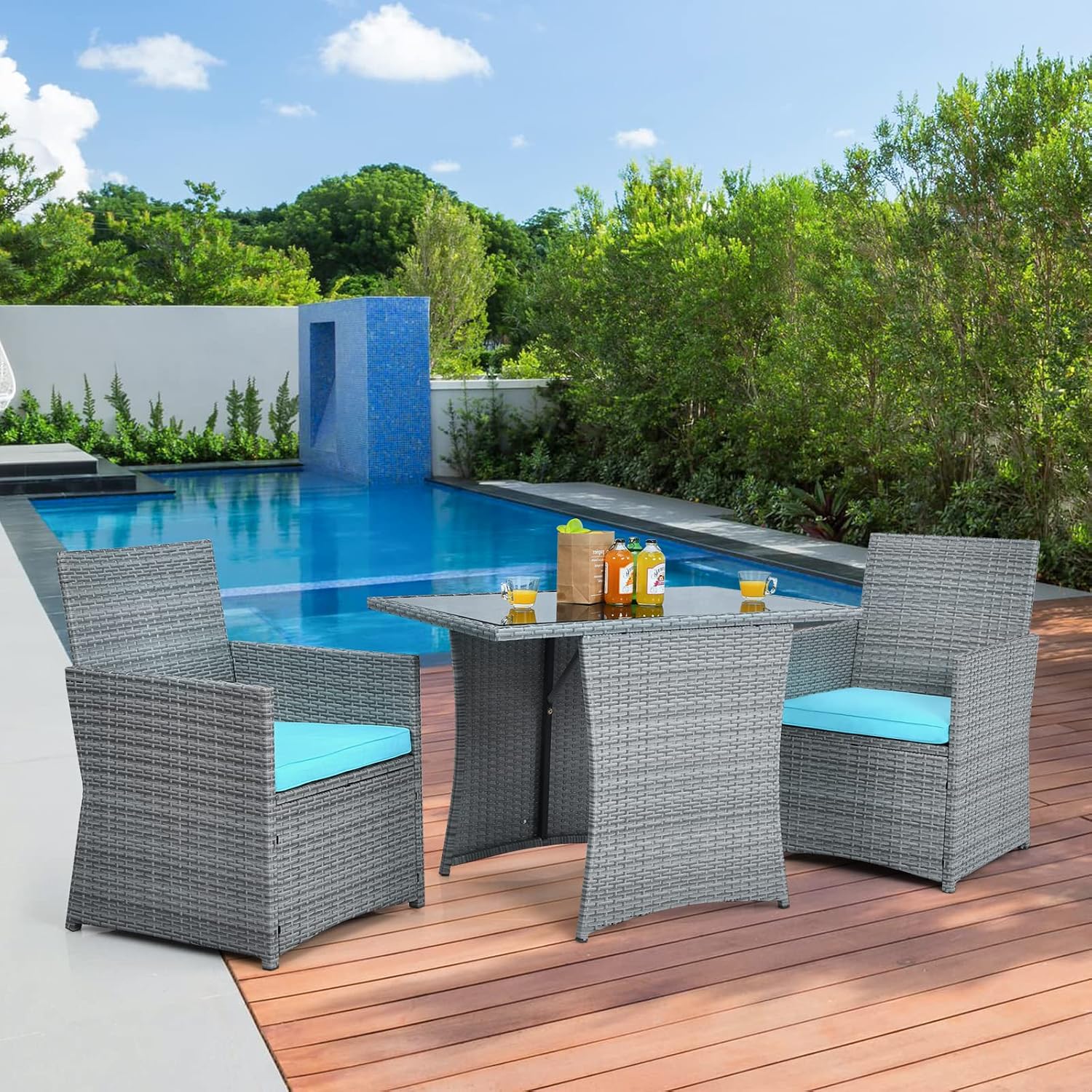HAPPYGRILL 3 Piece Patio Furniture Set, Outdoor PE Rattan Wicker Bistro Set with Washable Cushions & Tempered Glass Table, for Backyard Porch Garden Balcony Poolside
