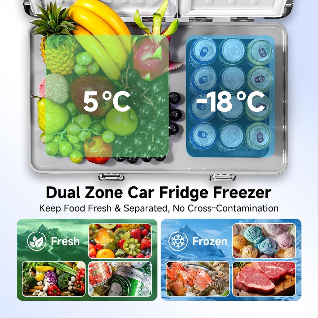 BODEGA 42 Quart (40L) Portable Car Refrigerator, 12V Dual Zone Car Fridge Freezer, Lightweight Aluminum Electric Cooler with Compressor, -4°F to 68°F, DC/AC for Truck, RV, Camping, Van, Home Use