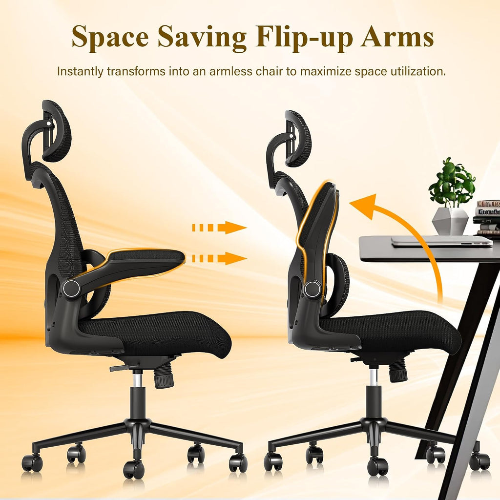 SUNNOW Ergonomic Office Chair, Comfy Mesh Desk Chair, High Back Computer Gaming Chairs with Adjustable Lumbar Support, Flip-Up Arms, Headrest, Tilt Function, Wide Cushion, Swivel Wheel, BIFMA Quality