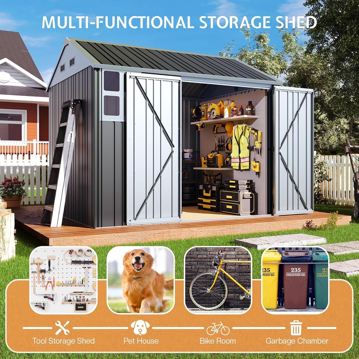 Jocisland 8.5x7.1x7.5 FT Outdoor Storage Shed, Lockable Double Hinged Doors and 4 Vents, Metal Shed for Backyard Storage, Dark Black/White
