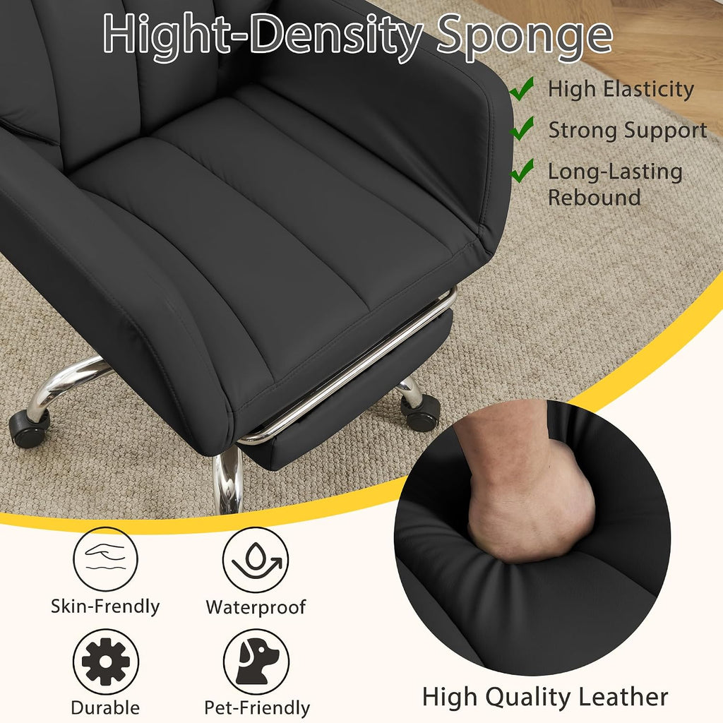 Ergonomic Cross Legged Office Chair with Footrest,Big and Tall Leather Executive Chair with Reversible Armrest,Lumbar Pillow and Wheels,155° Reclining Computer Wide Desk Chair for Home,Office (Black)