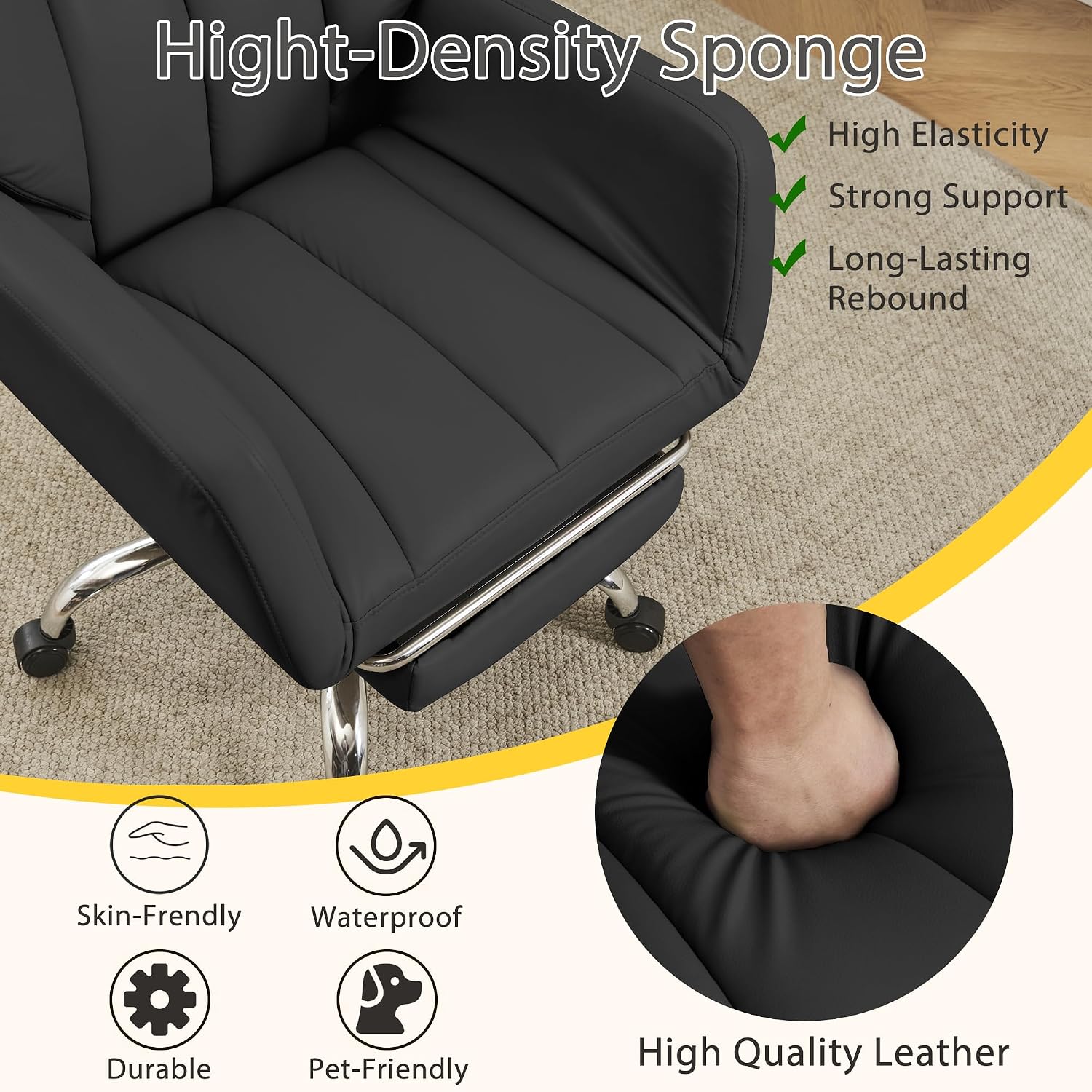 Ergonomic Cross Legged Office Chair with Footrest,Big and Tall Leather Executive Chair with Reversible Armrest,Lumbar Pillow and Wheels,155° Reclining Computer Wide Desk Chair for Home,Office (Black)