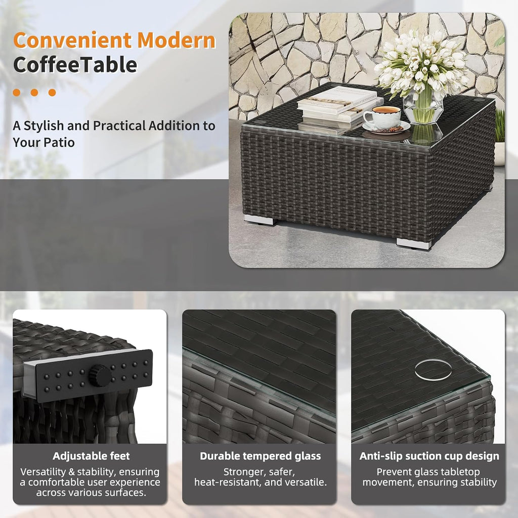 Oakcloud 7-Piece Outdoor Black Rattan Wicker Sectional Conversation Sets Patio Furniture Sofa Set with Cushions and Glass Top Table(Grey)