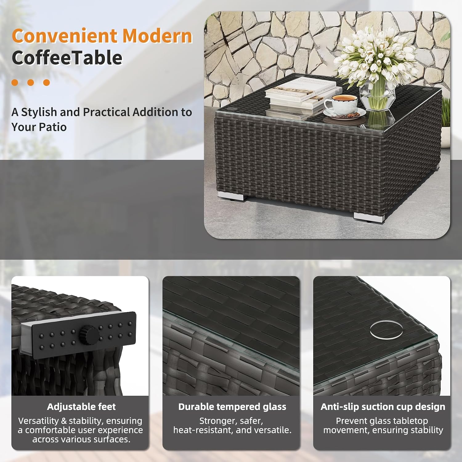 Oakcloud 7-Piece Outdoor Black Rattan Wicker Sectional Conversation Sets Patio Furniture Sofa Set with Cushions and Glass Top Table(Grey)
