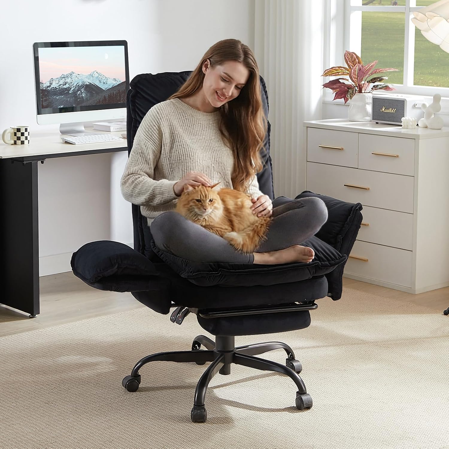 Bestier Criss Cross Office Chair with Flip-Up Armrests, High Back Executive Chair with Footrest & Wheels, Cross Legged Desk Chair for Home Office, Black Velvet
