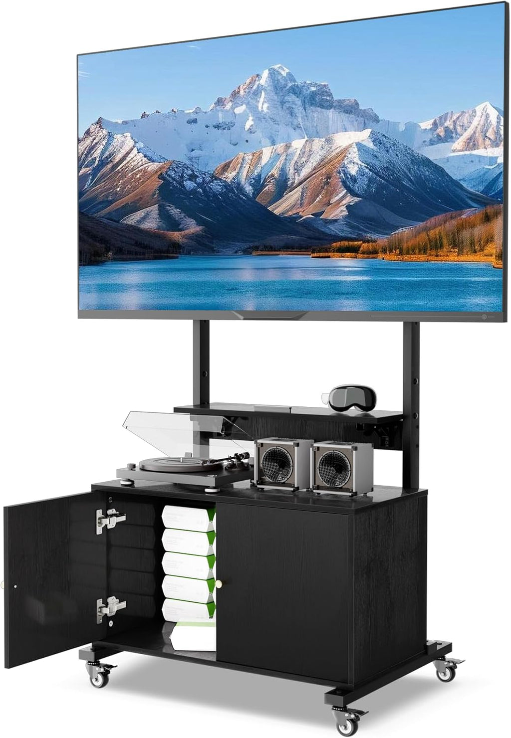 Rolling TV Stand with TV Mount,TV Floor Stand with Storage Cabinet for 32-75in Screen,Mobile TV Stand on Wheels with Foldable Table,Height Adjustable,Entertainment Center for Outdoor and Living Room