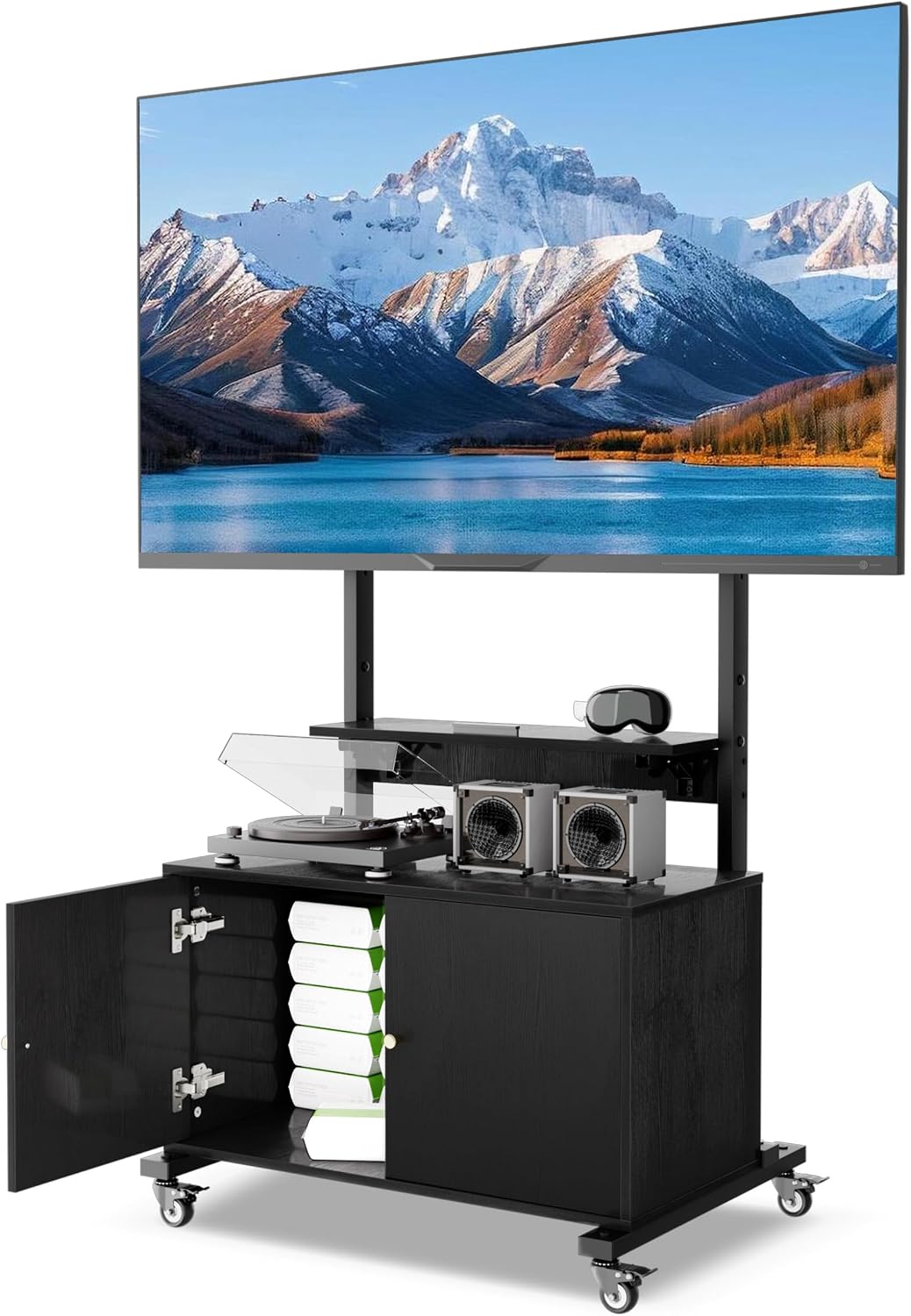 Rolling TV Stand with TV Mount,TV Floor Stand with Storage Cabinet for 32-75in Screen,Mobile TV Stand on Wheels with Foldable Table,Height Adjustable,Entertainment Center for Outdoor and Living Room