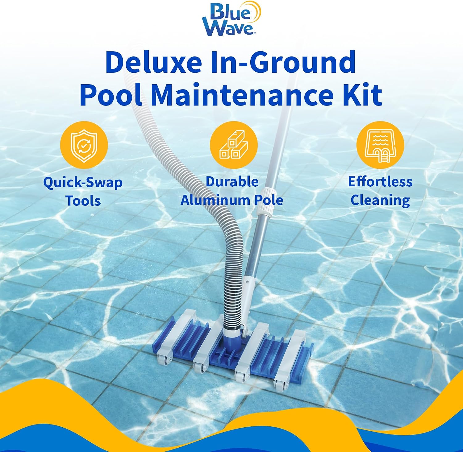 Blue Wave Deluxe Pool Maintenance Kit for In Ground Pool – Includes 15-ft Telepole, 40-ft Vacuum Hose, Leaf Skimmer, Wall Brush, Vacuum Head, Aluminum Hangers and 50 Test Strips