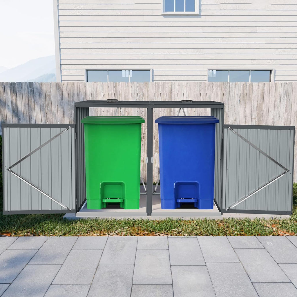 Outdoor Garbage Bin Storage Shed Galvanized Steel Outdoor for 2 Trash cans with Lockable Doors Metal Storage Shed for Garden Yard Lawn (Black-2)