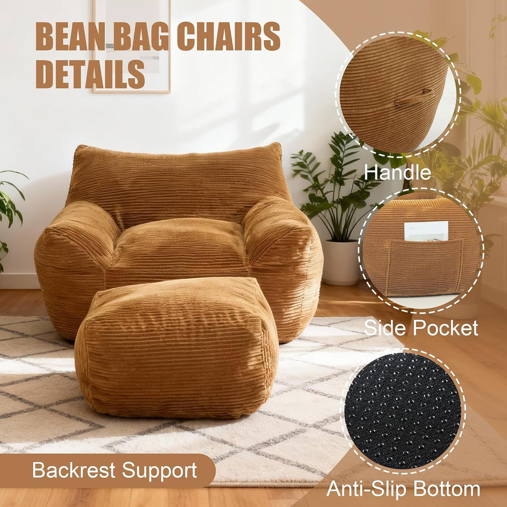 Giant Bean Bag Chair with Ottoman, Comfy Bean Bag Couch with 2 Side Pocket, Corduroy Boneless Couch Chair in a Box, Stuffed Lounge Floor Sofa for Dorm, Bedroom, Living Room, Brown