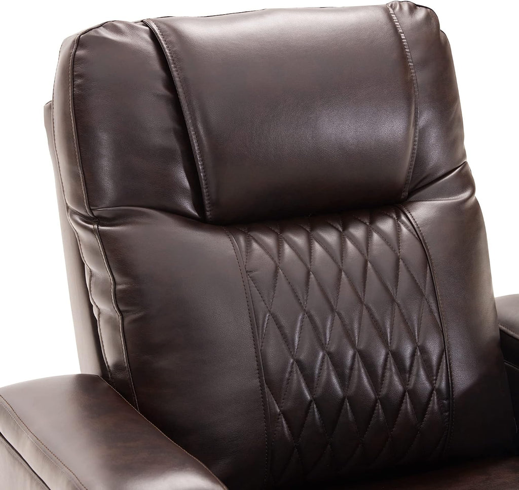 P PURLOVE Power Motion Recliner Chair for Home, PU Recliner Chair with USB Charging Port and Hidden Arm Storage 2 Convenient Cup Holders, Home Theater Seating with 360° Swivel Tray Table (Brown)
