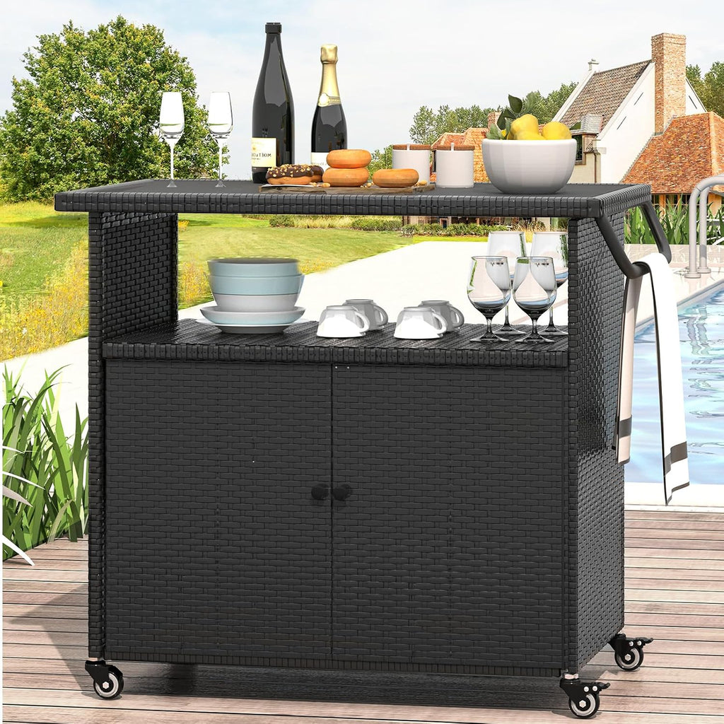 Outdoor Storage Cabinet on Wheels for Patio Outdoor Rattan Bar Cart on Wheels Storage Kitchen Cabinet Waterproof for Grill Outdoor Sideboard for Outside, Pool, Backyard Bar, Parties, Poolside