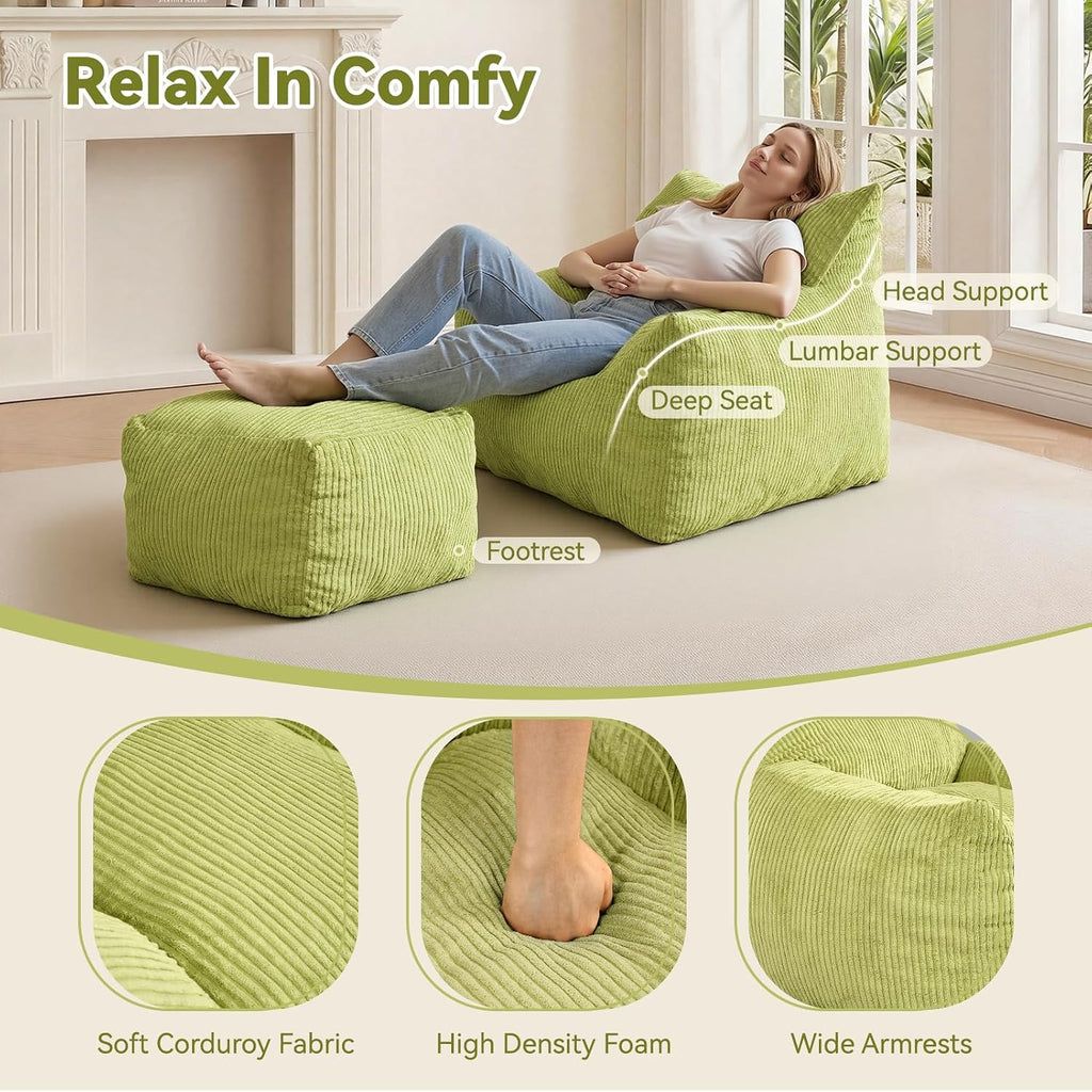 INMOZATA Bean Bag Chair, Beanbag Chair with Ottoman, Cloud Boneless Couch for Adults & Teens, Oversized Memory Foam Beanbag Set, Plush Corduroy Lounge Sofa Gift (Green)