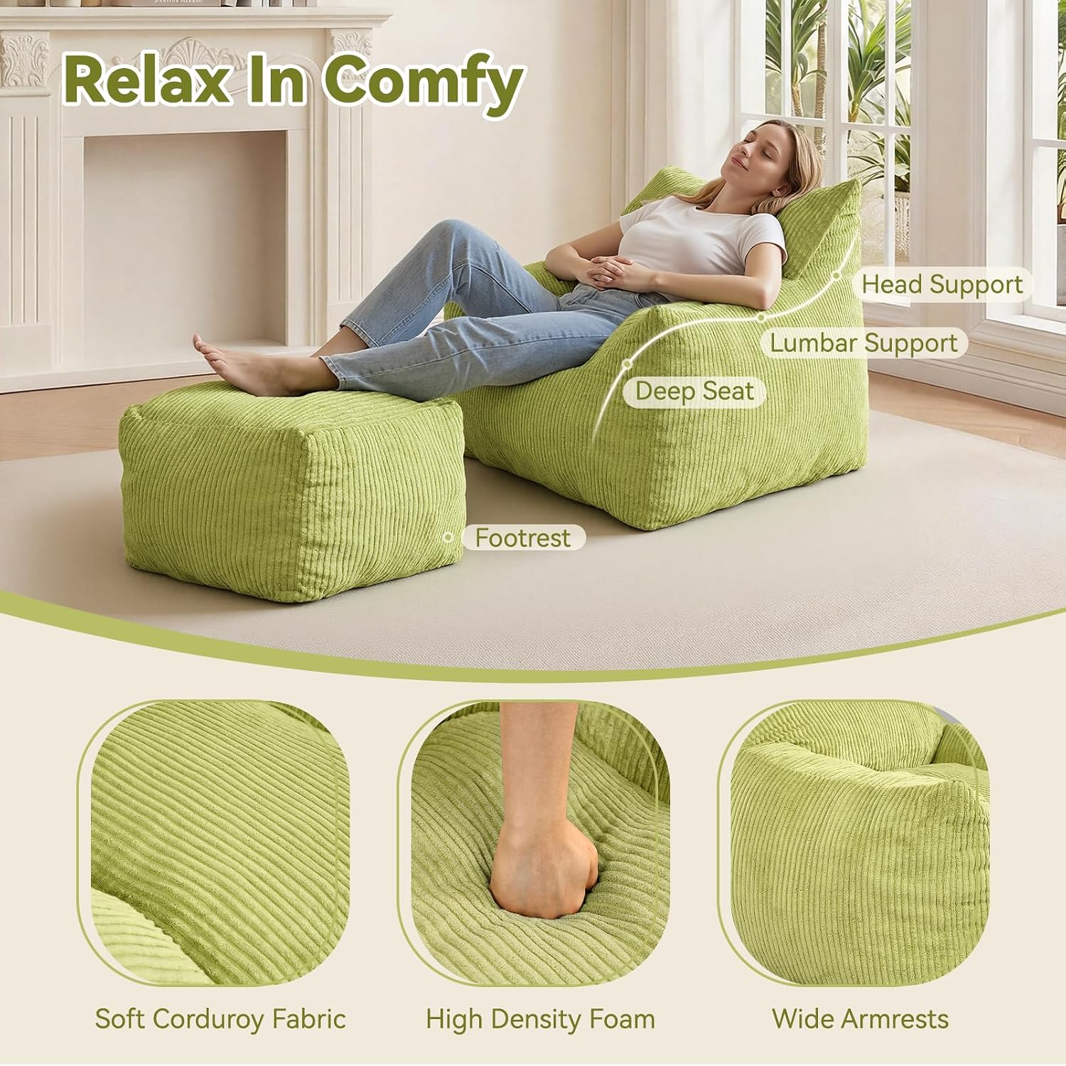 INMOZATA Bean Bag Chair, Beanbag Chair with Ottoman, Cloud Boneless Couch for Adults & Teens, Oversized Memory Foam Beanbag Set, Plush Corduroy Lounge Sofa Gift (Green)