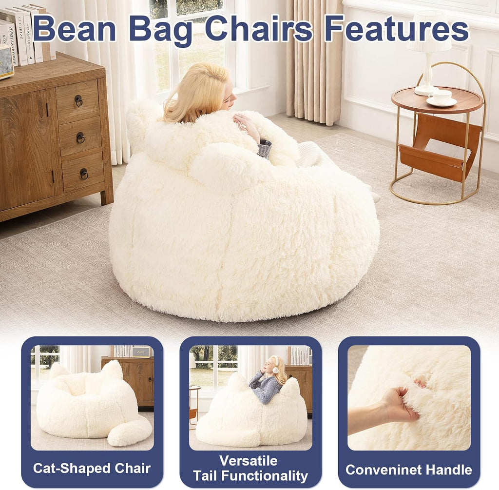 Achicsofar Bean Bag Chair for Adults Teens Giant Faux Fur Bean Bag Chairs with Filler Fluffy Plush Cat Shaped Beanbag Couch Comfy Accent Floor Sofa for Gaming, Reading in Living Room, Bedroom, Dorm