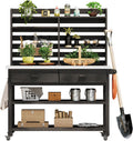 Outdoor Potting Bench Table on Wheels, Solid Wood Storage Island Gardening Workbench with Upper Hutch, Stainless Steel Top, Towel Rack for Outside Garden, Patio, Greenhouse, Black