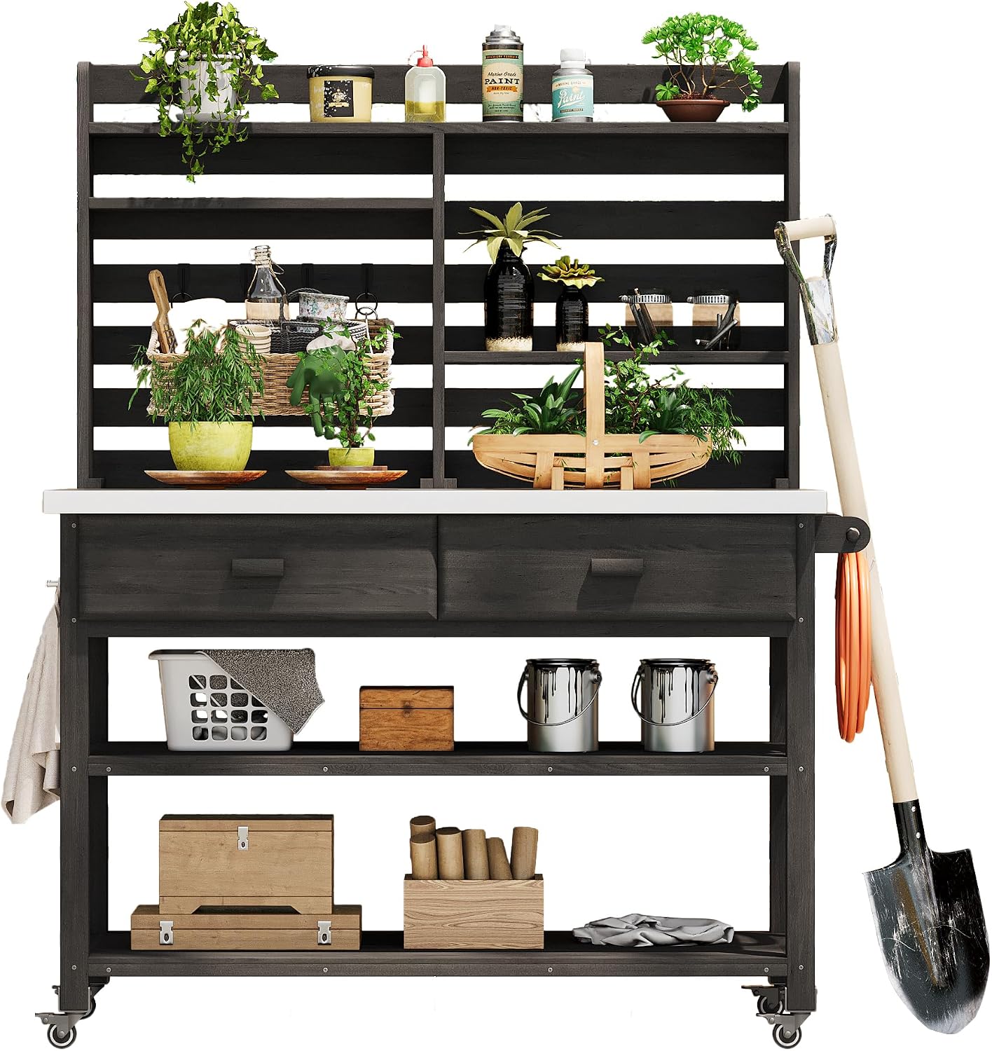 Outdoor Potting Bench Table on Wheels, Solid Wood Storage Island Gardening Workbench with Upper Hutch, Stainless Steel Top, Towel Rack for Outside Garden, Patio, Greenhouse, Black