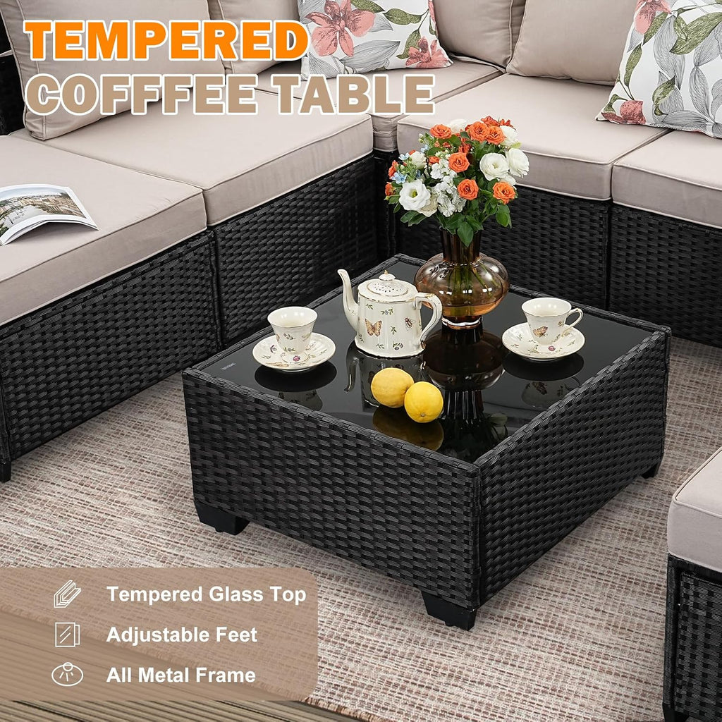 5-Piece Outdoor Patio Furniture Set, Modular Wicker Sectional Sofa with Thick Cushions & Coffee Table, All-Weather Rattan Conversation Set for Backyard, Porch, Poolside, Beige