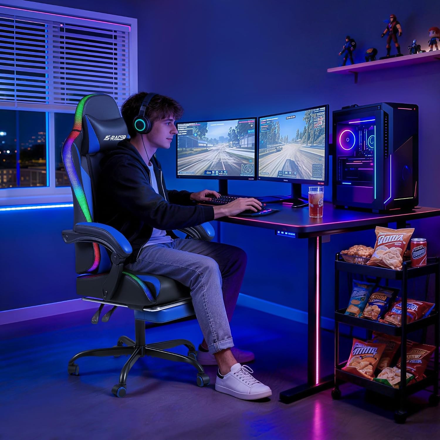 Homall Gaming Chair with Massage & Footrest, Ergonomic Computer Office Chair, High-Back Racing Style Reclining Chair with Adjustable Lumbar Support, PU Leather for Adults (Blue)