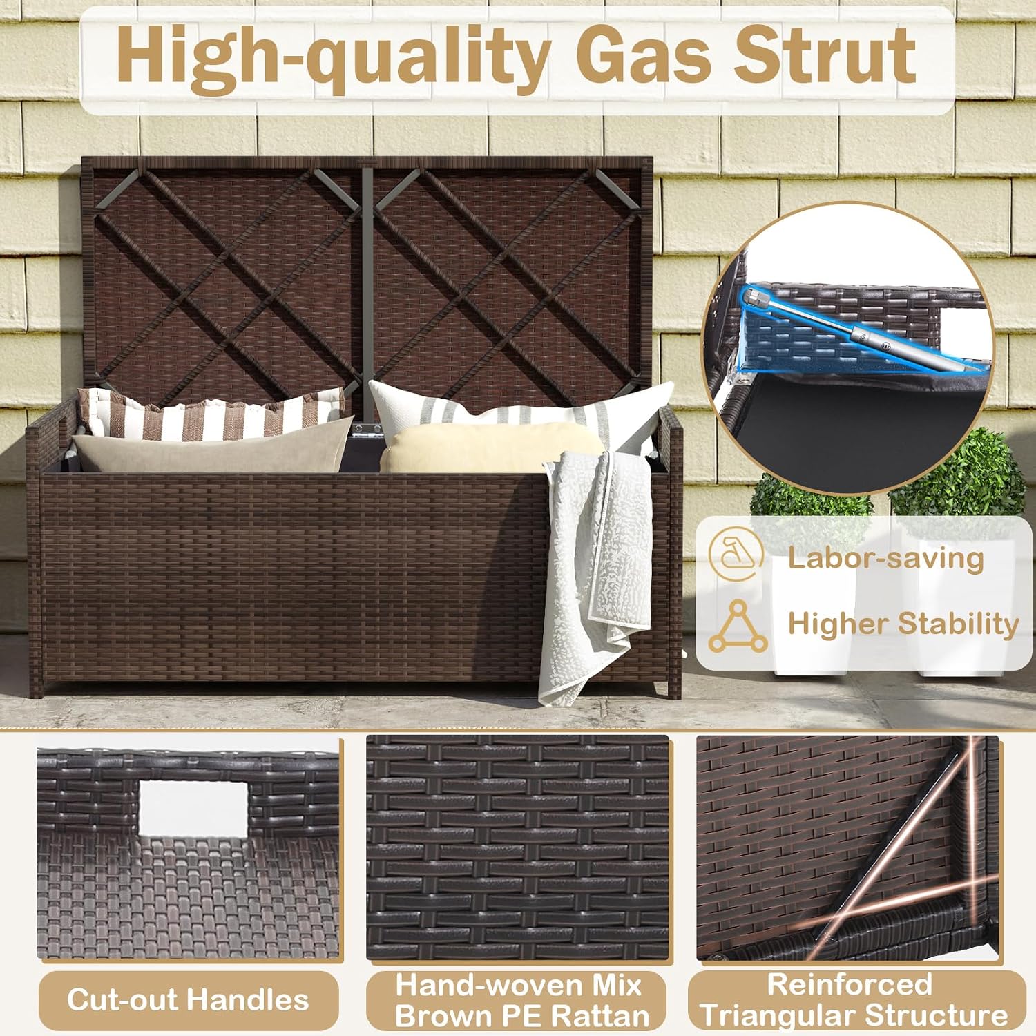 RELAX4LIFE 34-Gallon Outdoor Storage Box - Wicker Rattan Deck Box w/Seat Cushion, Waterproof Liner & Side Handles for Pillows, Patio Cushions, Pool Supplies, Garden Tools, Porch Outdoor Storage Bench