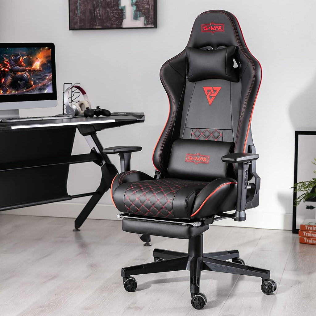 S*MAX Gaming Chair with Footrest Thicken Seat Black Gaming Chairs with 3D Armrest Gamer Chairs PU Leather Headrest and Lumbar Support High Back Gamer Chairs for Adults