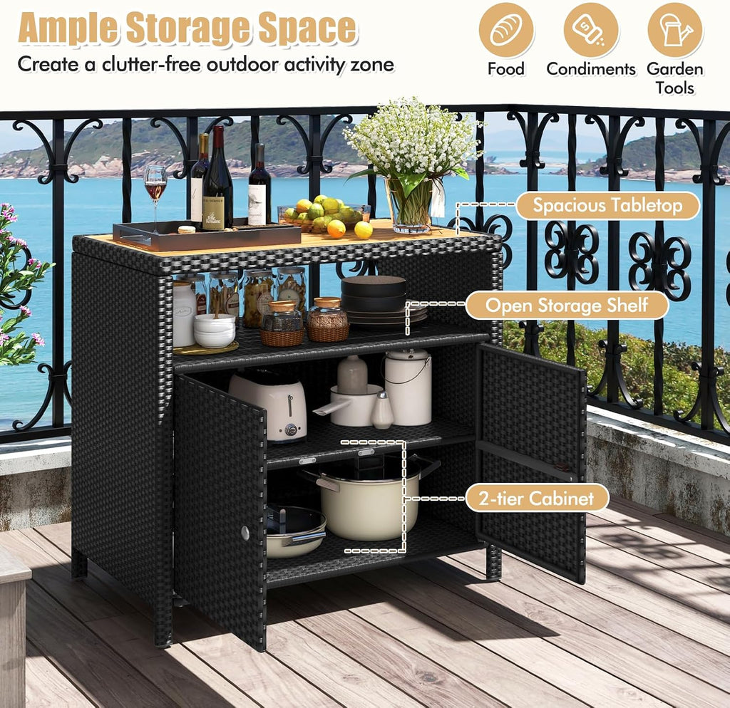 RELAX4LIFE Wicker Outdoor Bar Cabinet - PE Rattan Patio Bar Table w/Acacia Wood Countertop, Open Shelf & 2 Doors, Buffet Sideboard Organizer for Garden Backyard Pool, Outside Storage Cabinet (Black)