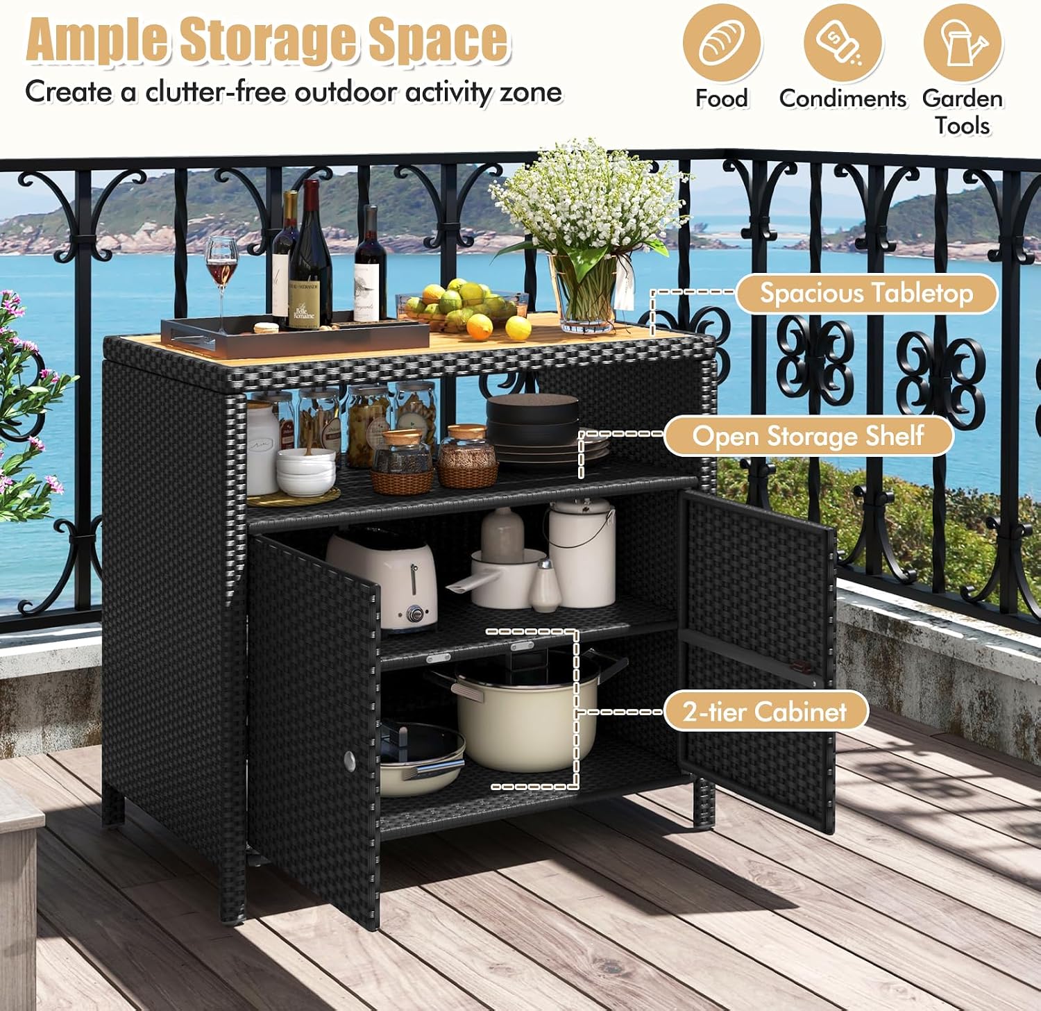 RELAX4LIFE Wicker Outdoor Bar Cabinet - PE Rattan Patio Bar Table w/Acacia Wood Countertop, Open Shelf & 2 Doors, Buffet Sideboard Organizer for Garden Backyard Pool, Outside Storage Cabinet (Black)