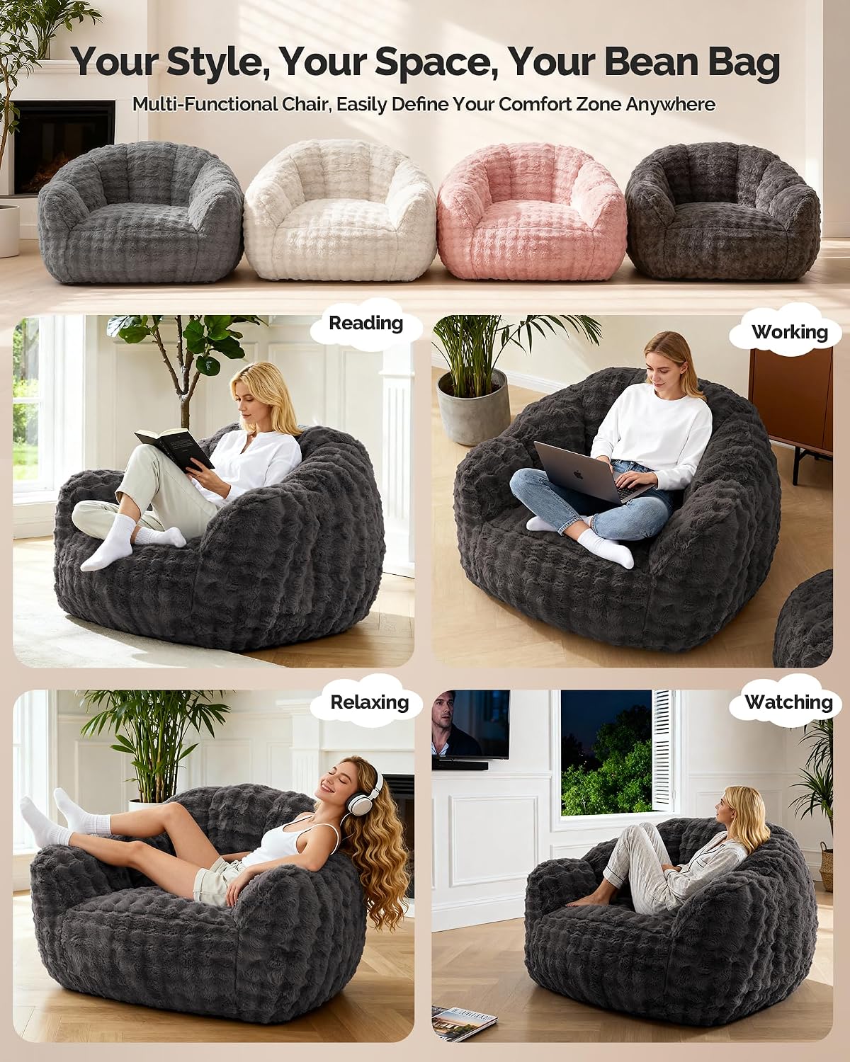 KINGYES Giant Bean Bag Chair, Fluffy Bean Bag Chair with Armrest, Memory Foam Beanbag for Adults, Dark Gray(Pillow not Included)
