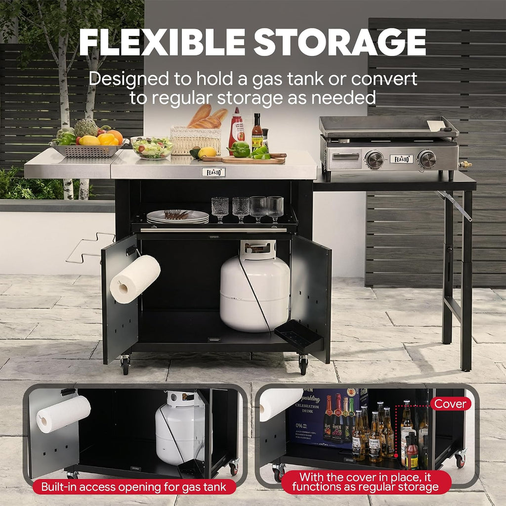 Outdoor Kitchen Island with Cabinet, Outdoor Grill Table with Stainless Steel Top for Pizza Oven& Griddles, Movable Bar Cart with Pull-Out Plate for Parties& Gathering, Heavy-Duty, L74'x W24'