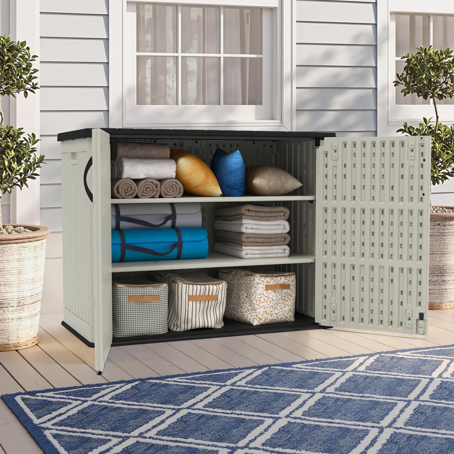Devoko 26 Cu Ft Plastic Outdoor Storage Shed, Horizontal Resin Storage Cabinet with Lockable Door, Water-Resistant Backyard Storage Box for Garden Patio, Beige, Shelf Not Included