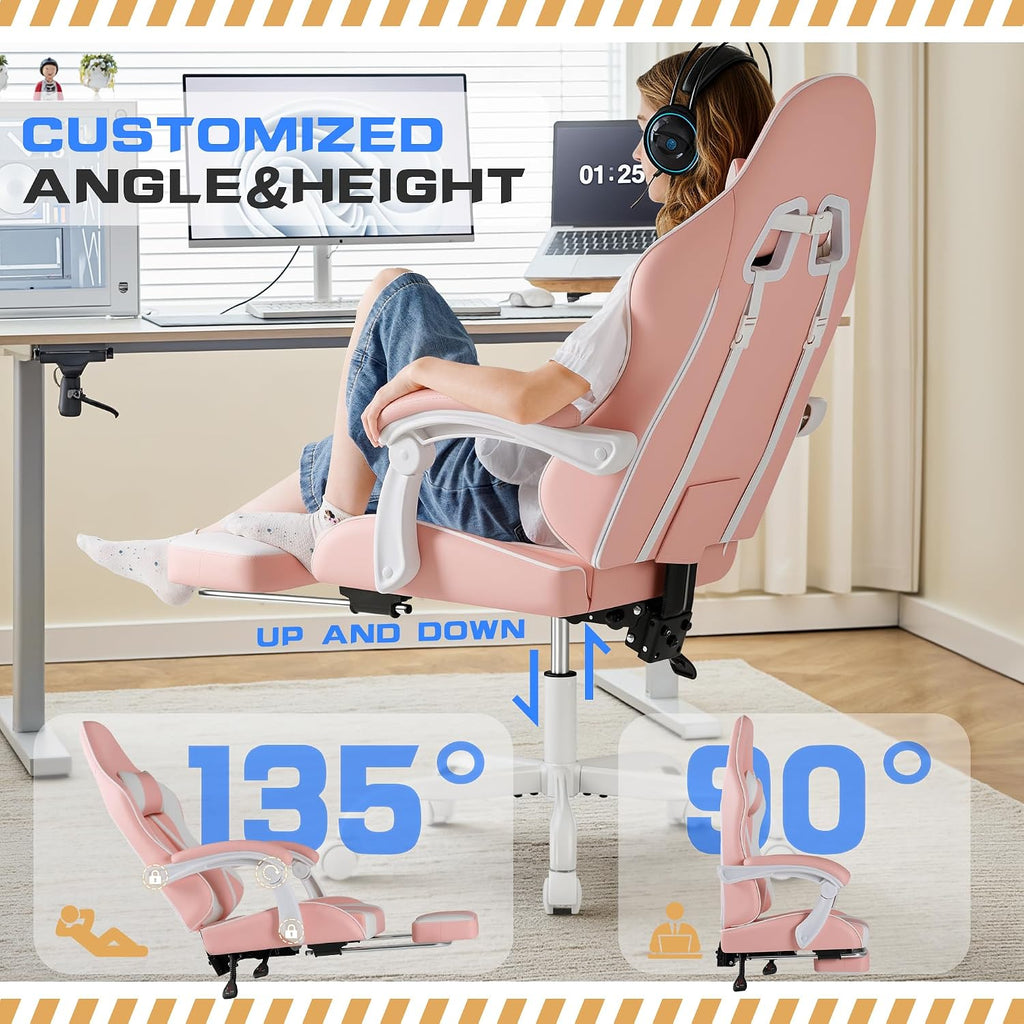 Shahoo Gaming Chair with Footrest and Massage Lumbar Support, Video Racing Seat Height Adjustable with 360° Swivel and Headrest for Office or Bedroom, Light Pink