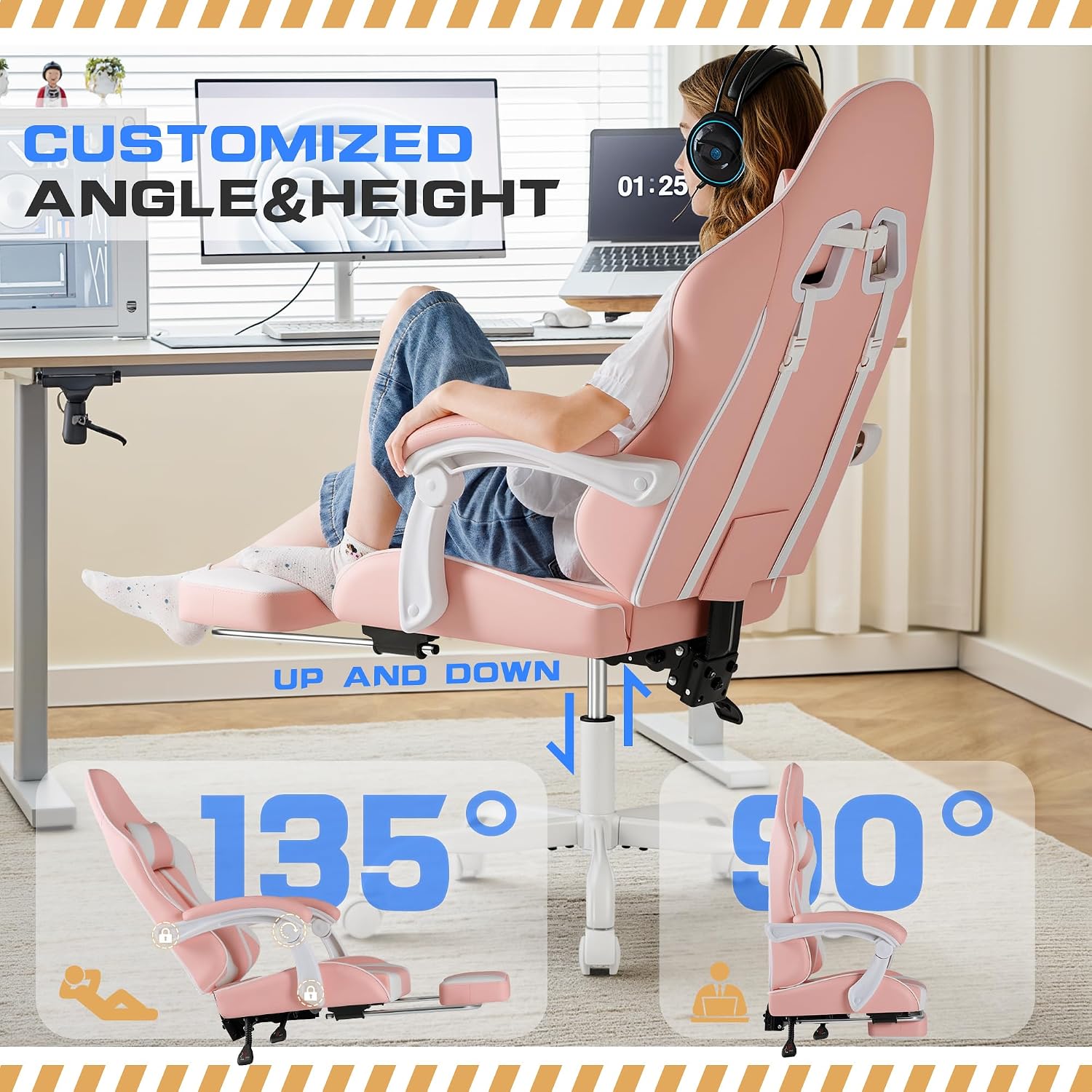 Shahoo Gaming Chair with Footrest and Massage Lumbar Support, Video Racing Seat Height Adjustable with 360° Swivel and Headrest for Office or Bedroom, Light Pink