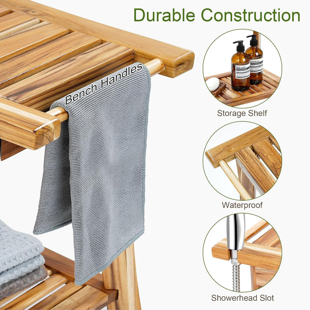 24' Solid Teak Shower Bench with Towel Bar & Storage Shelf - Waterproof Bath Stool with Fixed Non-Slip Feet, 300lbs Capacity