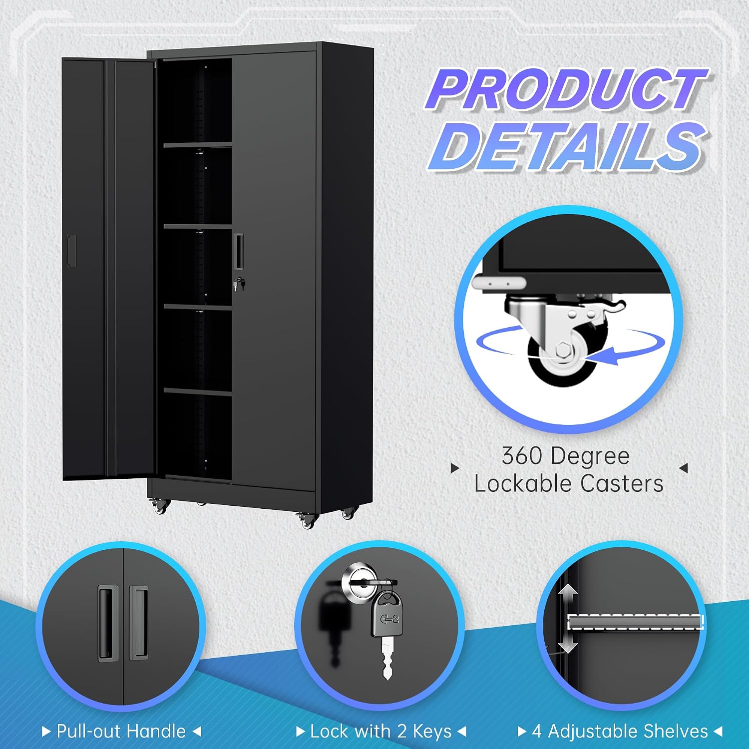 Superday Garage Storage Cabinet with Wheels，73' H Metal Storage Cabinet with Doors and Adjustable Shelves, Lockable Steel Utility Tool Cabinets for Garage, Home Office, Kitchen(Black)