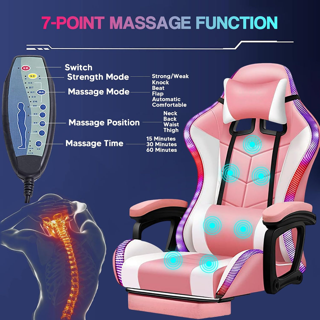 XOOFMASS RGB Gaming Chair with Speakers and LED Light, 7 Points Ergonomic Massage Video Game Chair, High Back 90°-135° Adjustable, PU Leather E-Sport Computer Chair with Headrest & Lumbar Support,Red