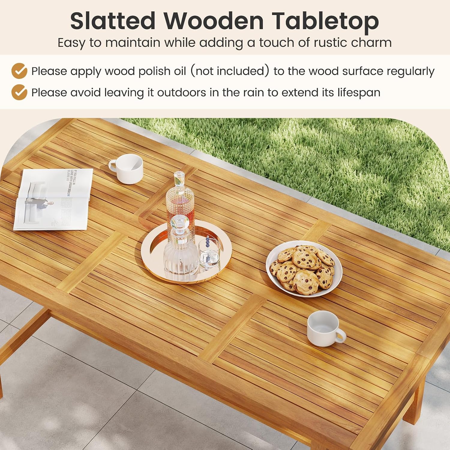 Tangkula 7 Piece Patio Dining Set for 6 People, 63' Outdoor Rectangular Acacia Wood Table with 1.97' Umbrella Hole & 6 Armchairs with Padded Seat Cushions, for Deck Yard and Poolside