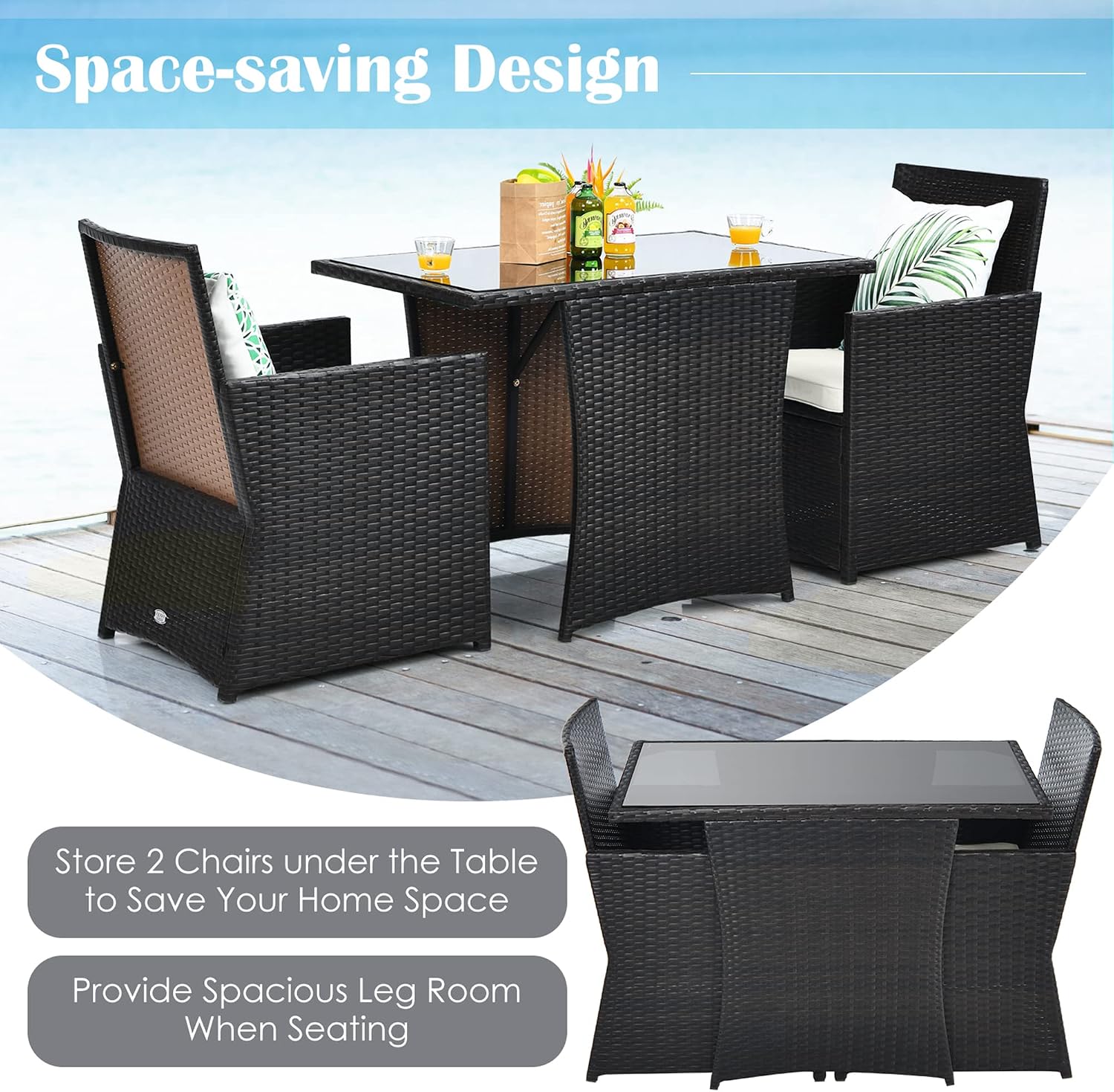 DORTALA Wicker Patio Bistro Set 3 Piece, Outdoor Table and Chairs with Tempered Glass Tabletop, Cushions, Small Rattan Furniture Conversation Sofa Set for Balcony, Porch, Backyard, Deck, White