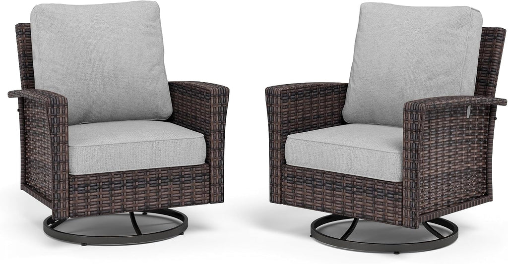 MIXPATIO Swivel Patio Wicker Chairs Set of 2, High Back Outdoor Swivel Patio Rattan Chairs with 5.5' Thick Cushions for Bistro Balcony Porch Deck and Yard, Light Grey