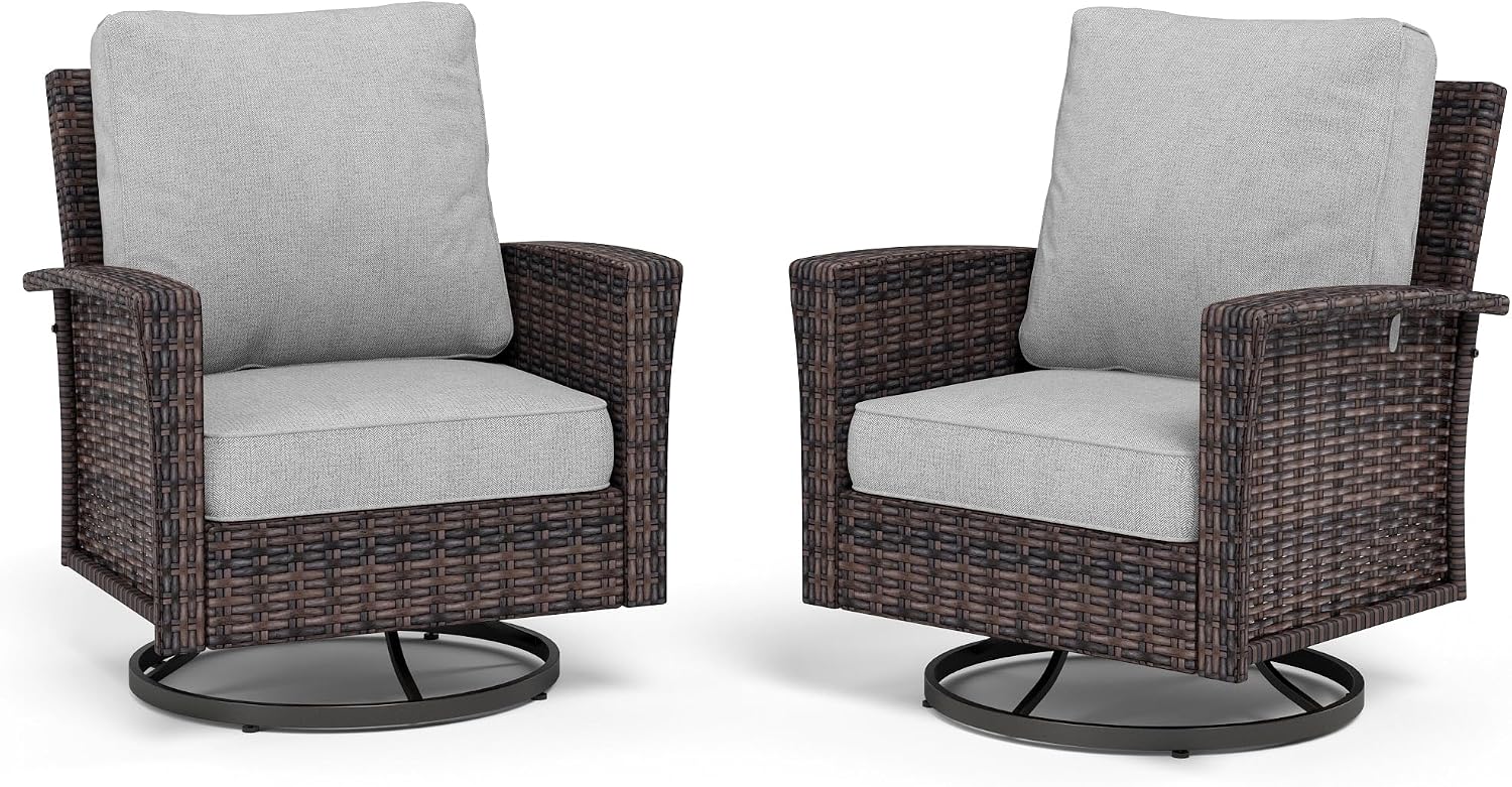 MIXPATIO Swivel Patio Wicker Chairs Set of 2, High Back Outdoor Swivel Patio Rattan Chairs with 5.5' Thick Cushions for Bistro Balcony Porch Deck and Yard, Light Grey
