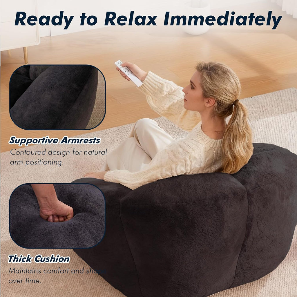 3.28 Feet Bean Bag Chair for Adults, Shell-Shaped Bean Bag Lazy Couch, Faux Fur Cloud Sofa Chair, Lounge Floor Sofa with Filler for Reading, Gaming & Watching, No Assembly Required (Black)
