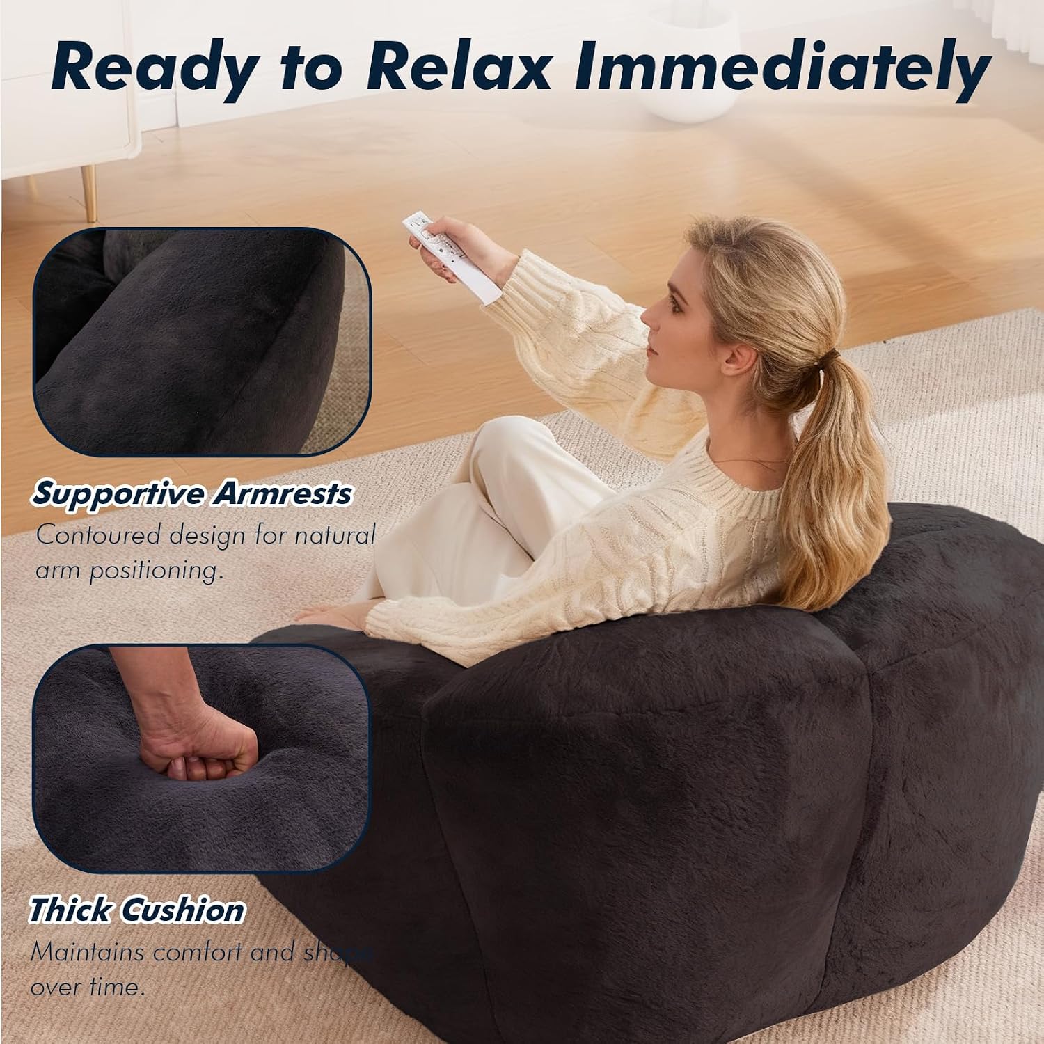 3.28 Feet Bean Bag Chair for Adults, Shell-Shaped Bean Bag Lazy Couch, Faux Fur Cloud Sofa Chair, Lounge Floor Sofa with Filler for Reading, Gaming & Watching, No Assembly Required (Black)