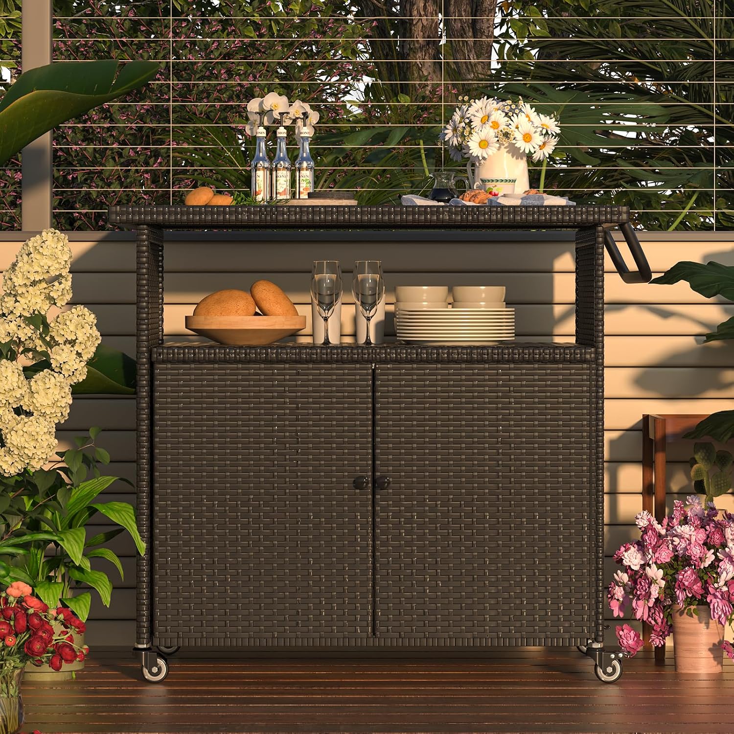 Outdoor Storage Cabinet on Wheels for Patio Outdoor Rattan Bar Cart on Wheels Storage Kitchen Cabinet Waterproof for Grill Outdoor Sideboard for Outside, Pool, Backyard Bar, Parties, Poolside