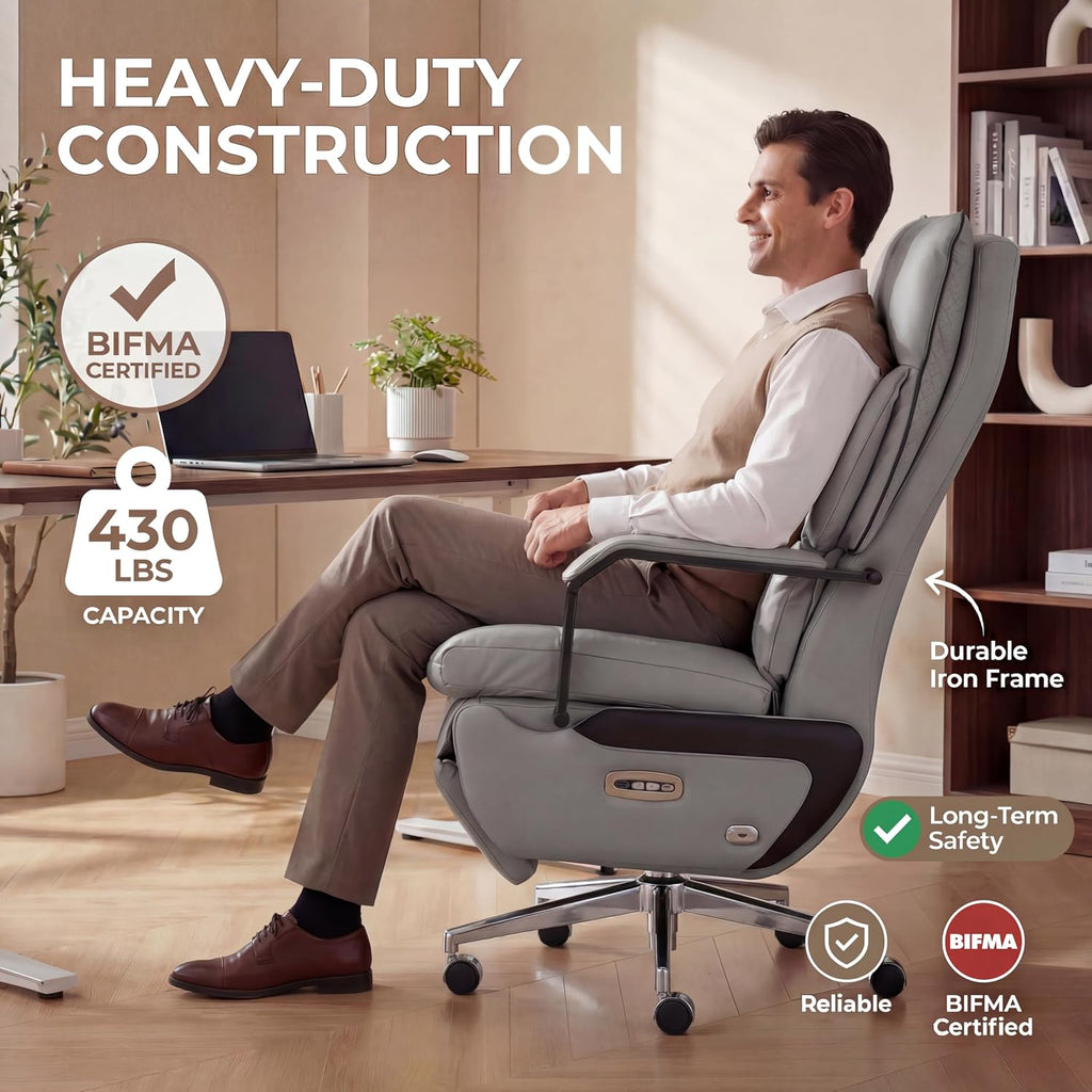 Dual Motor Executive Reclining Office Chair with Footrest – One-Click Electric Recline, Massage Lumbar Support & Pillow, Big and Tall PU Leather Ergonomic Desk Chair for Home Office(Gray)