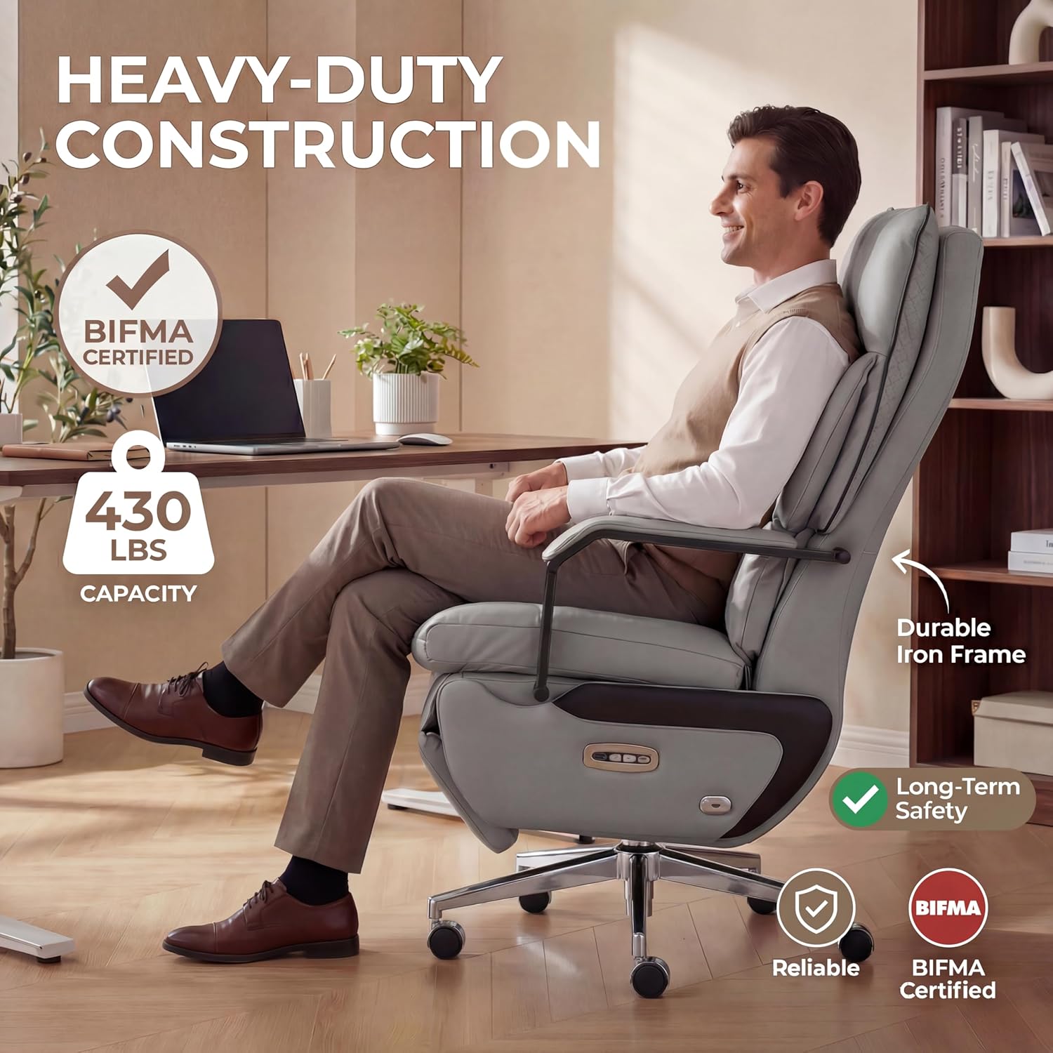 Dual Motor Executive Reclining Office Chair with Footrest – One-Click Electric Recline, Massage Lumbar Support & Pillow, Big and Tall PU Leather Ergonomic Desk Chair for Home Office(Gray)