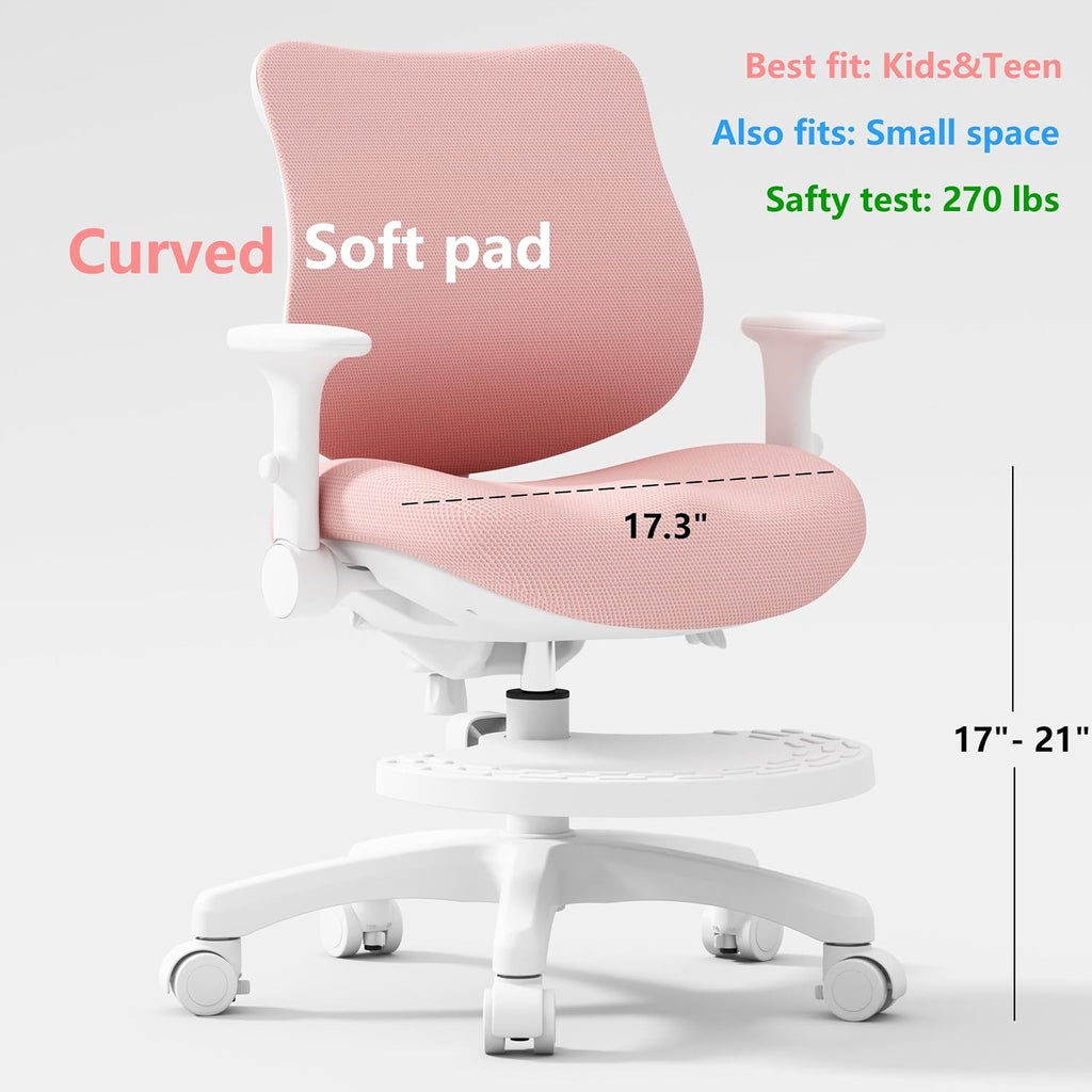Desk Chair, Ergonomic Study Chair for Kids with Lumbar Support and Footrest, Adjustable Height, Flip-Up Armrests, Mesh Student Chair with Adjustable backrest, Model Deer (Pink)